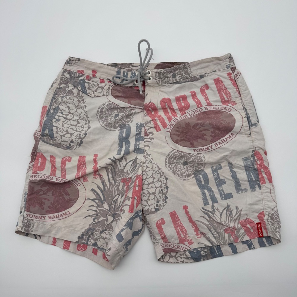 Tommy Bahama Relax Mens Medium Swim Trunks Tropical Pineapple Board Shorts Tan